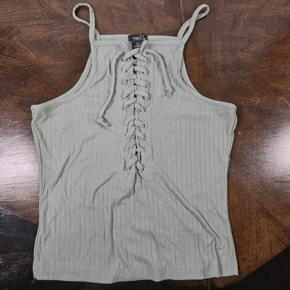rue21 Sage Green Lace Up Tank Top Womens Size M Ribbed Sleeveless